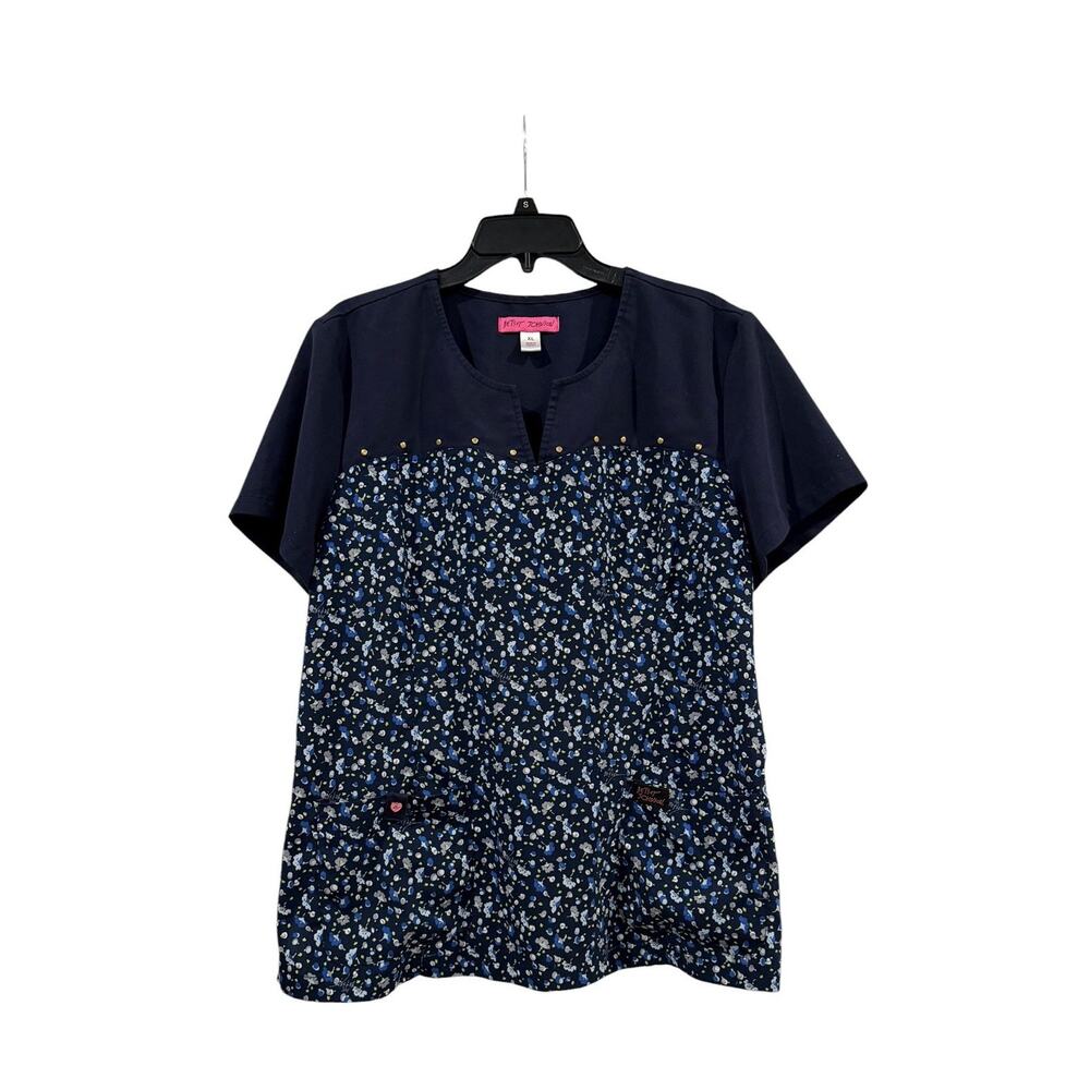 Betsey Johnson X KOI Dark Blue Dandelion Scrub Top Ditsy Floral Print Sz XL